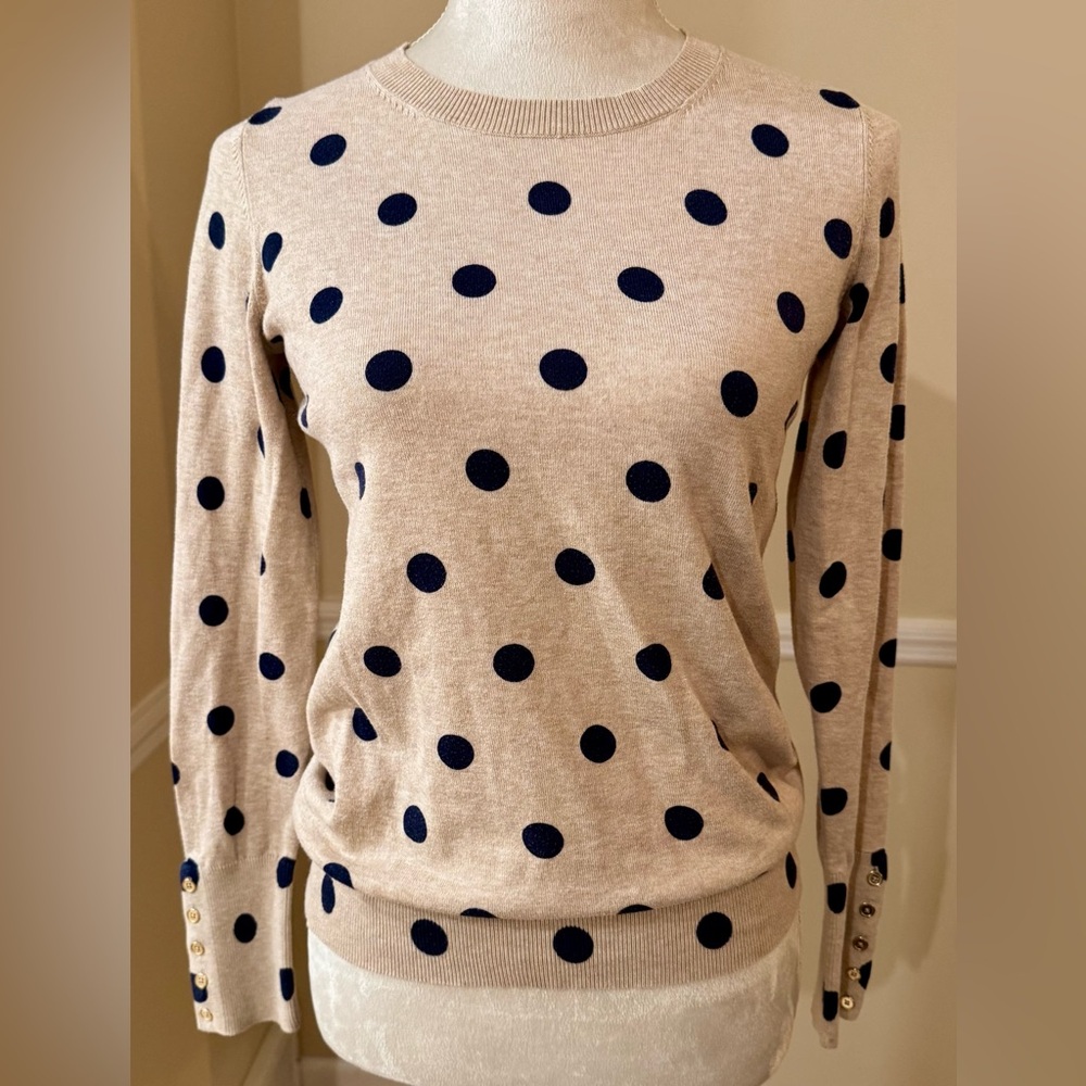 Boden Beige & Navy Polka Dot Knit Top XS | Classic British Style